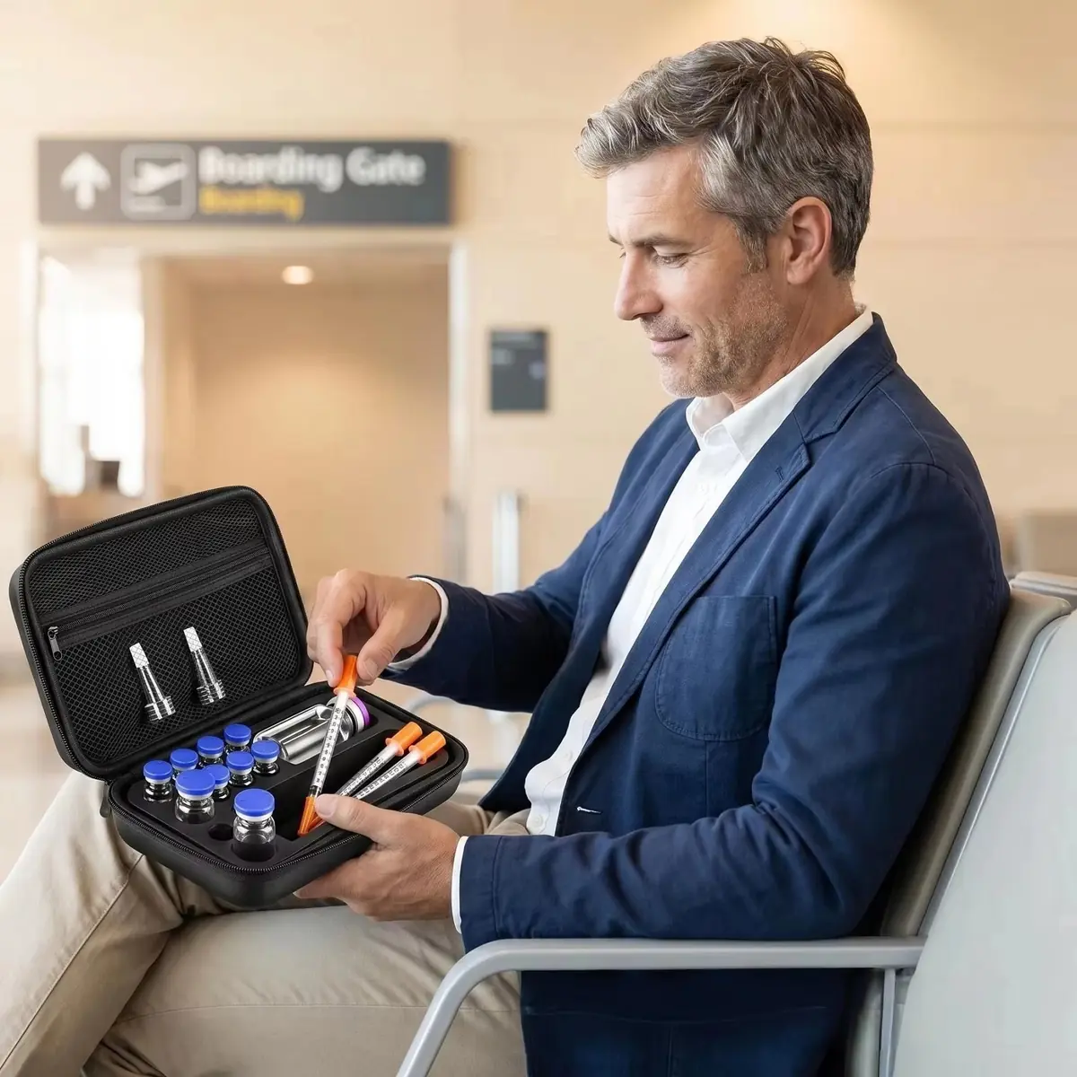 Traveler using portable EVA peptide kit case while waiting at airport